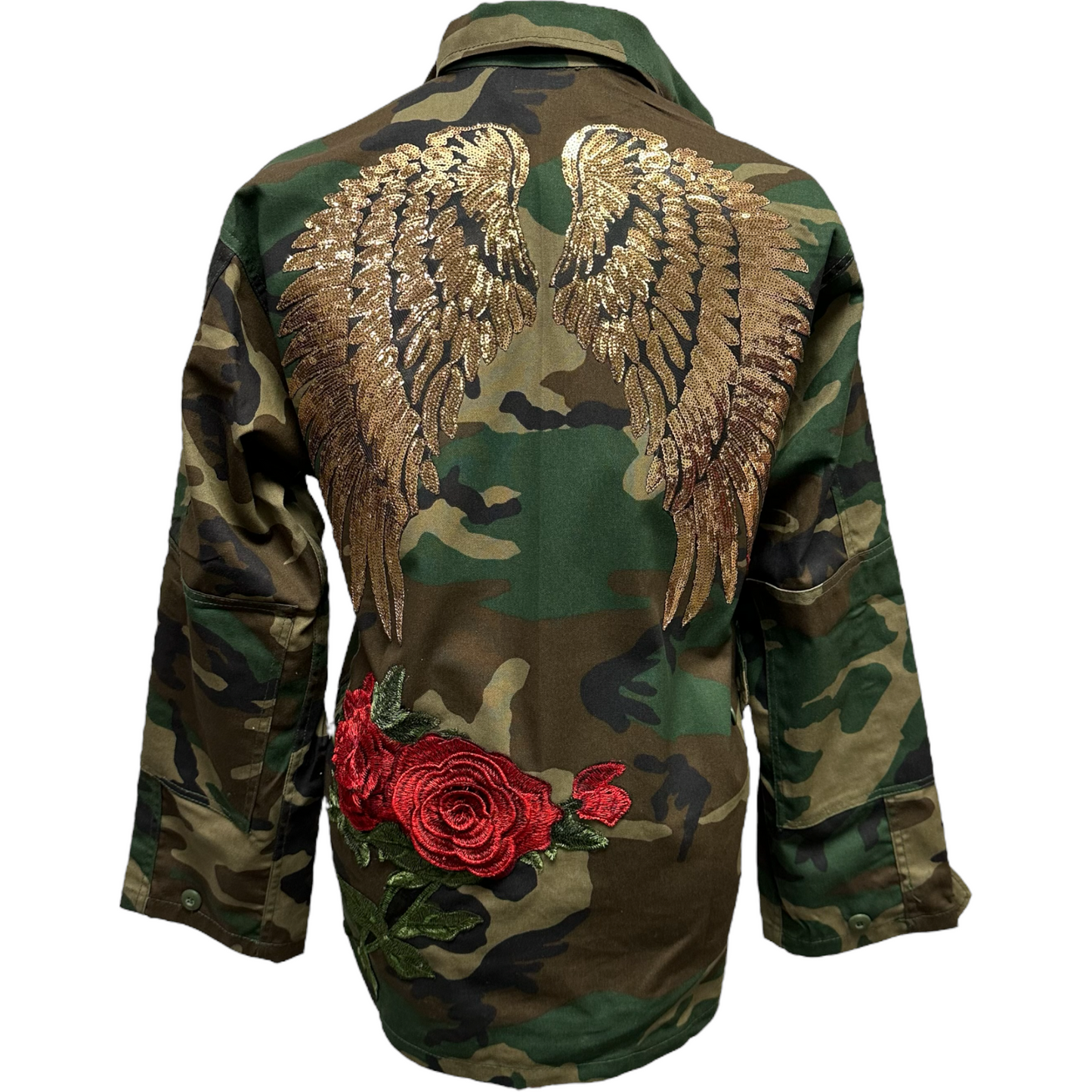 Sequins Wings with 3D Flowers Camo Jacket Fly