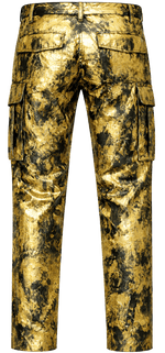 Gold and black camouflage cargo pants on a white background