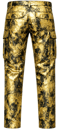 Gold and black camouflage cargo pants on a white background