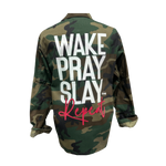 Stylish jacket featuring the empowering text 'Wake. Pray. Slay. Repeat.', symbolizing daily resilience and determination, by KIC NYC.