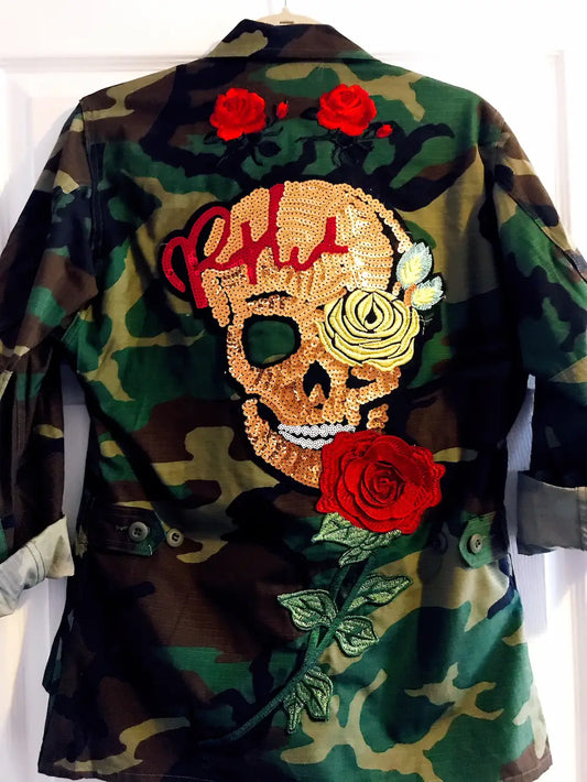 Gold Sequin Skull Head | 3d Roses Camo Jacket | KIC NYC