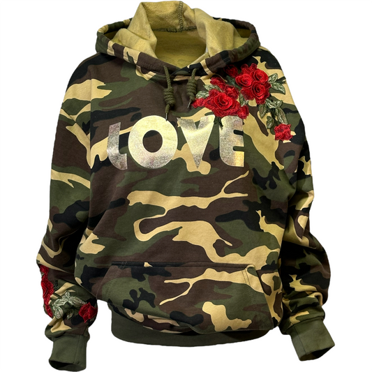 KIC NYC's Love Camo Hoodie with red 3D flowers.  Perfect for expressing bold style in daily wear.