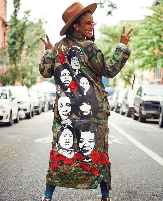 She is...Long Camo Duster with Iconic Faces - KIC NYC